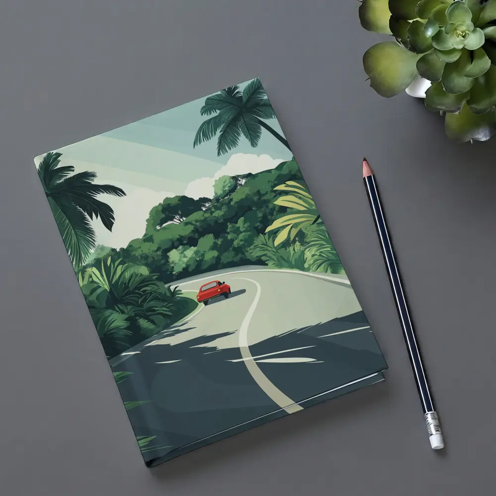Red Car Winding Tropical Road Flat Art – Notebooks