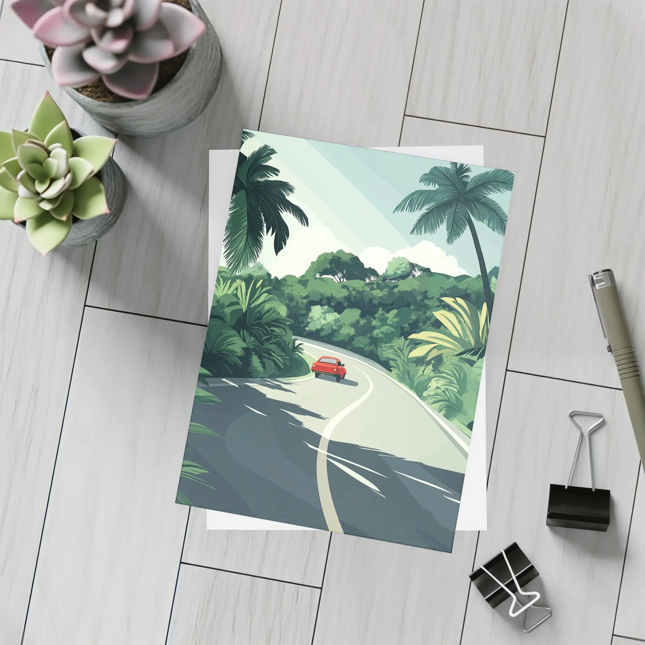Red Car Winding Tropical Road Flat Art – Postcards