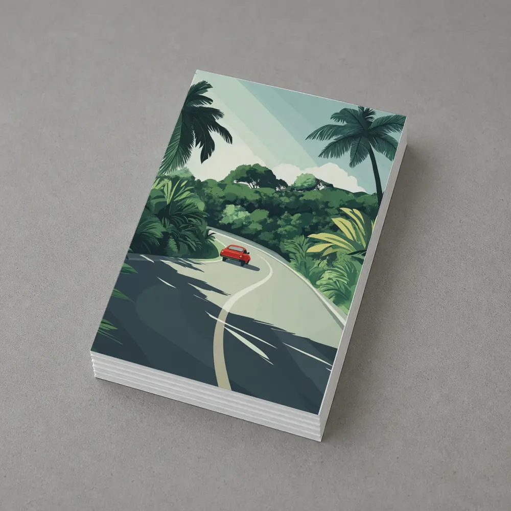 Red Car Winding Tropical Road Flat Art – Postcards