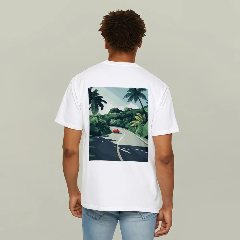 Red Car Winding Tropical Road Flat Art – T-Shirts