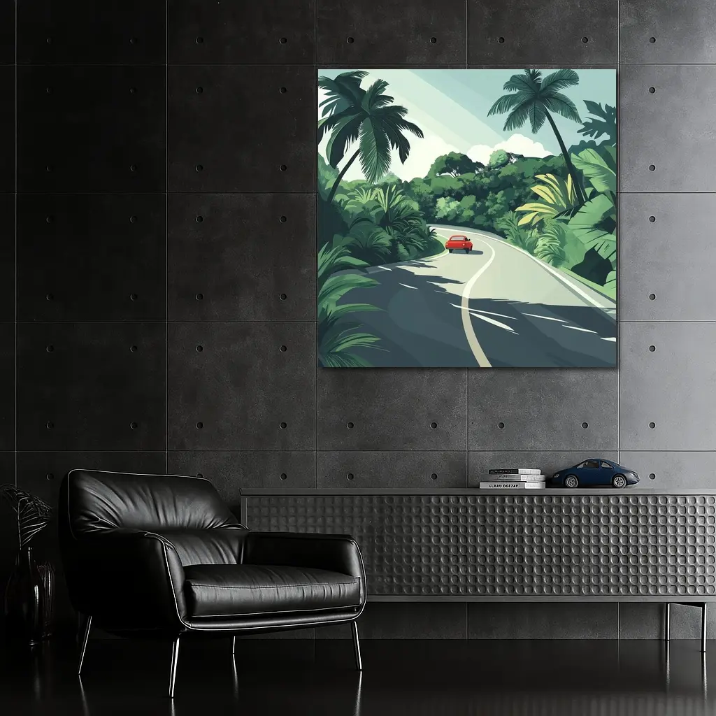 Red Car Winding Tropical Road Flat Art – Wall Art