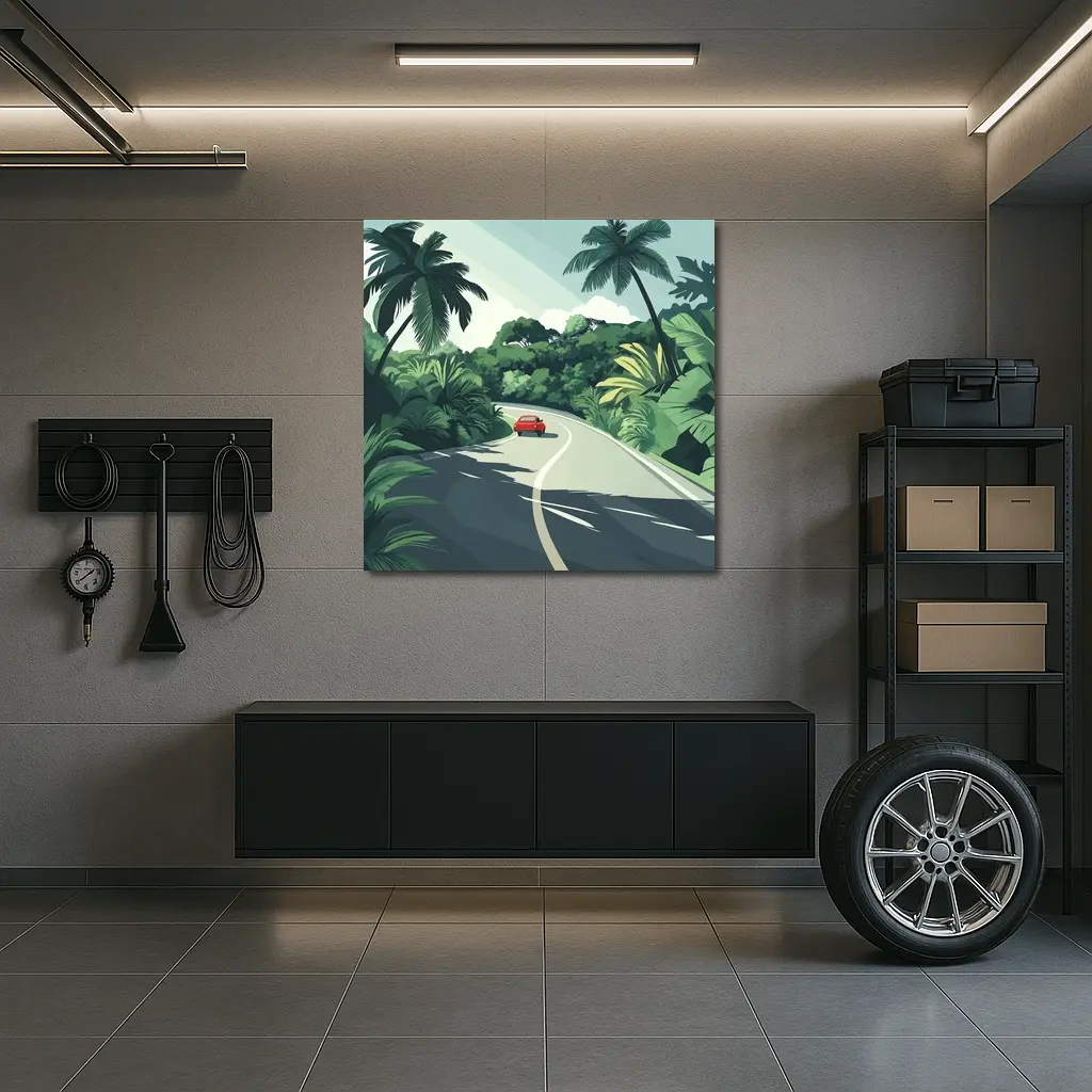 Red Car Winding Tropical Road Flat Art – Wall Art