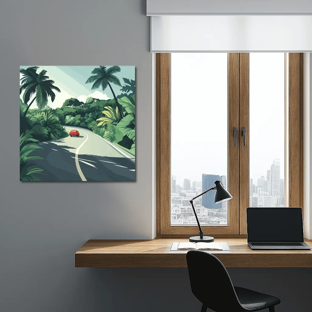 Red Car Winding Tropical Road Flat Art – Wall Art