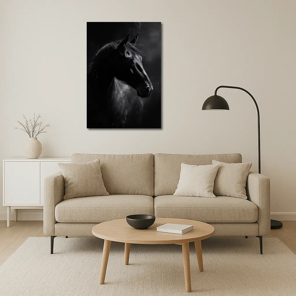 Black Horse Portrait Dark Smoky Background – Wall Art