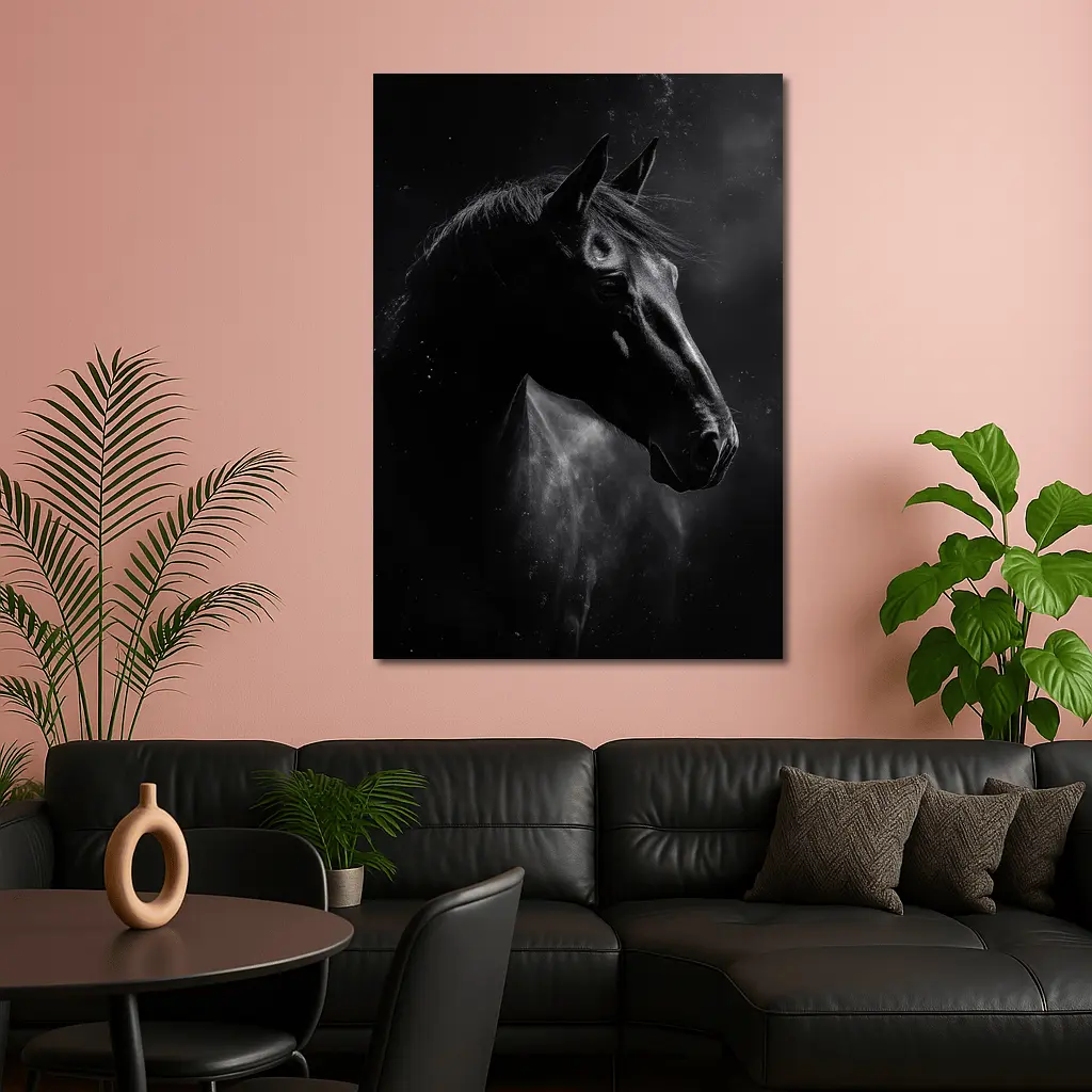 Black Horse Portrait Dark Smoky Background – Wall Art