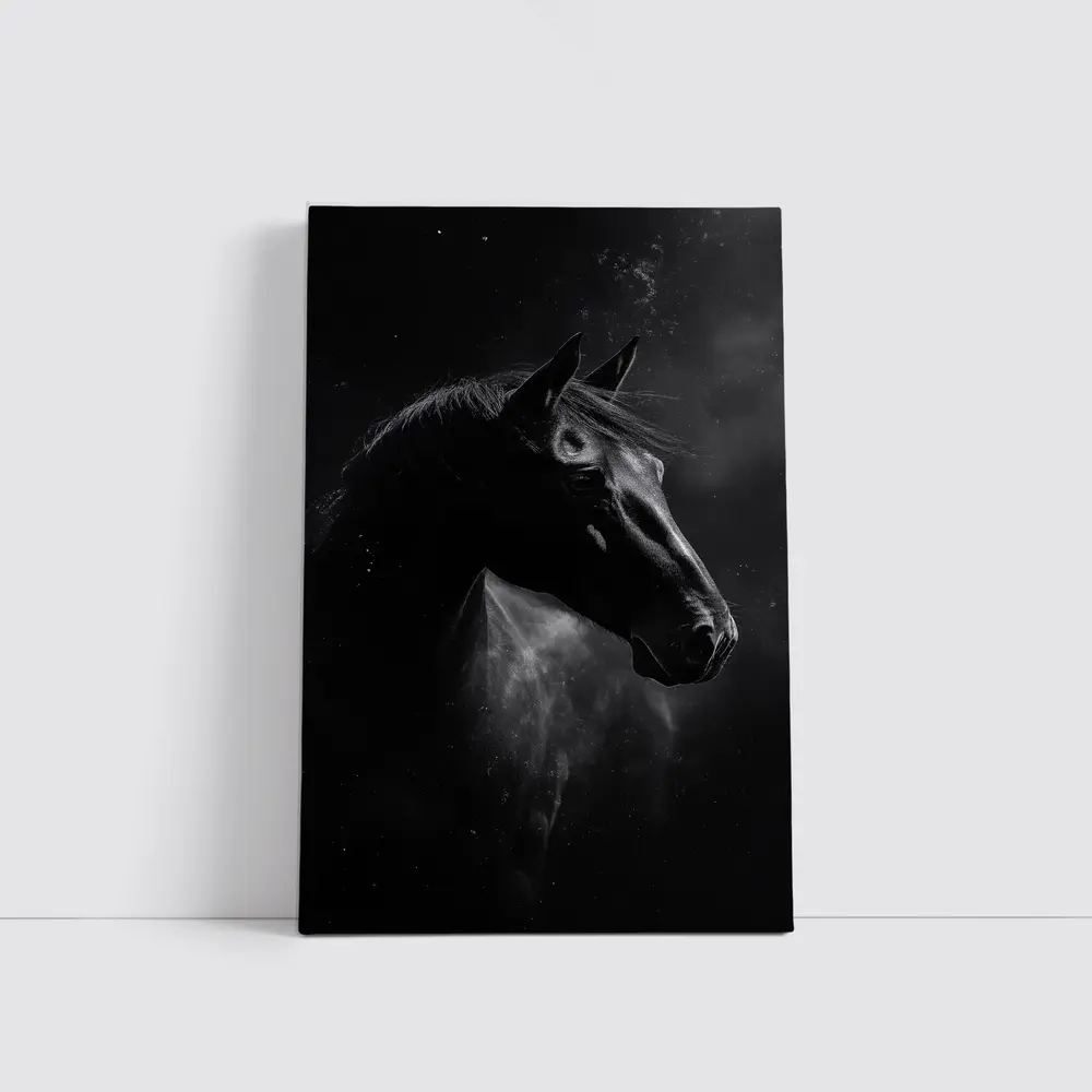 Black Horse Portrait Dark Smoky Background – Wall Art