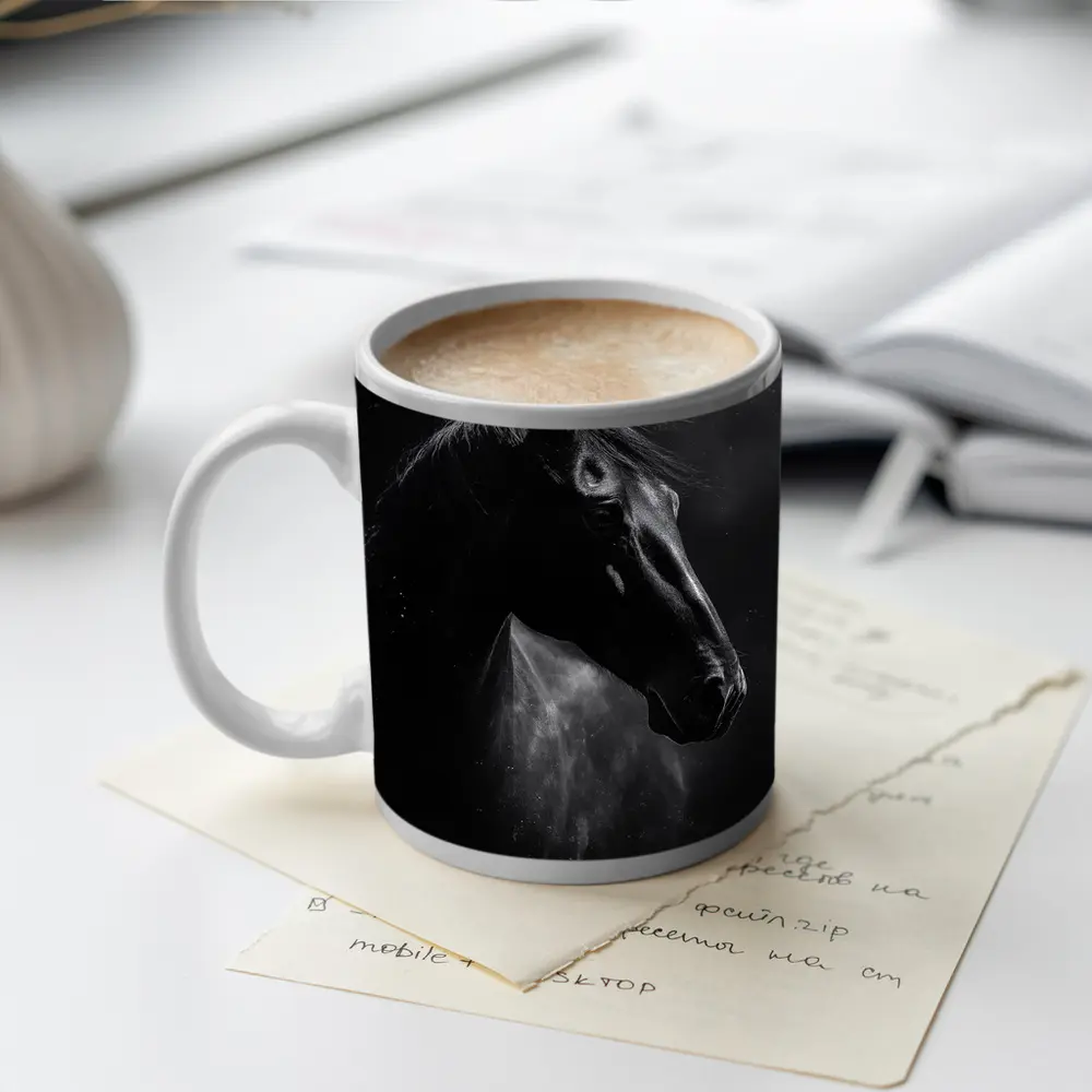 Black Horse Portrait Dark Smoky Background – Mugs