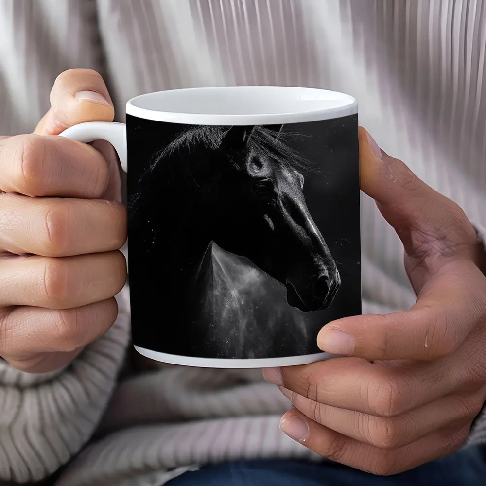 Black Horse Portrait Dark Smoky Background – Mugs