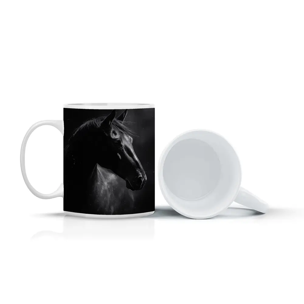Black Horse Portrait Dark Smoky Background – Mugs