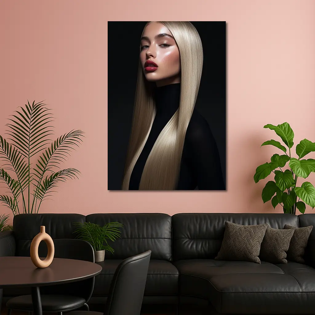 Blonde Woman Red Lips Dark Background Portrait – Wall Art
