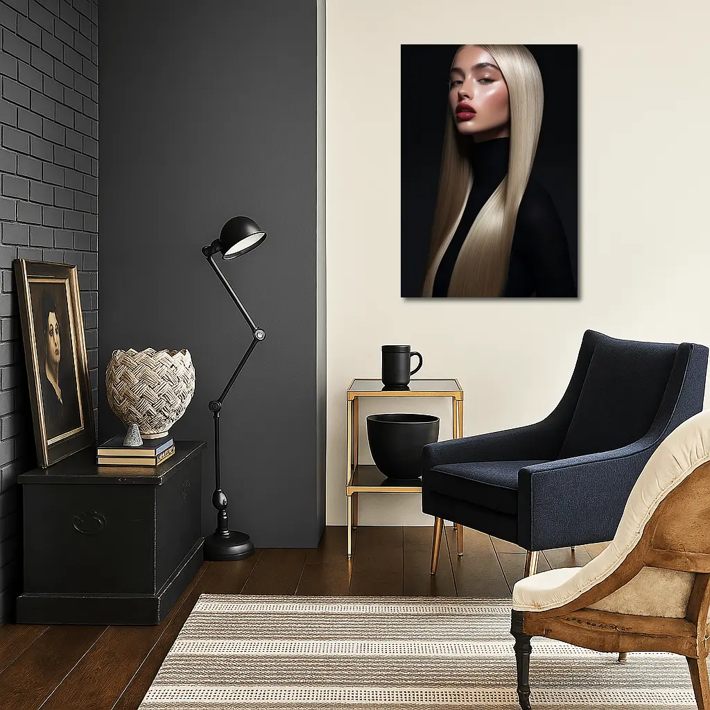 Blonde Woman Red Lips Dark Background Portrait – Wall Art