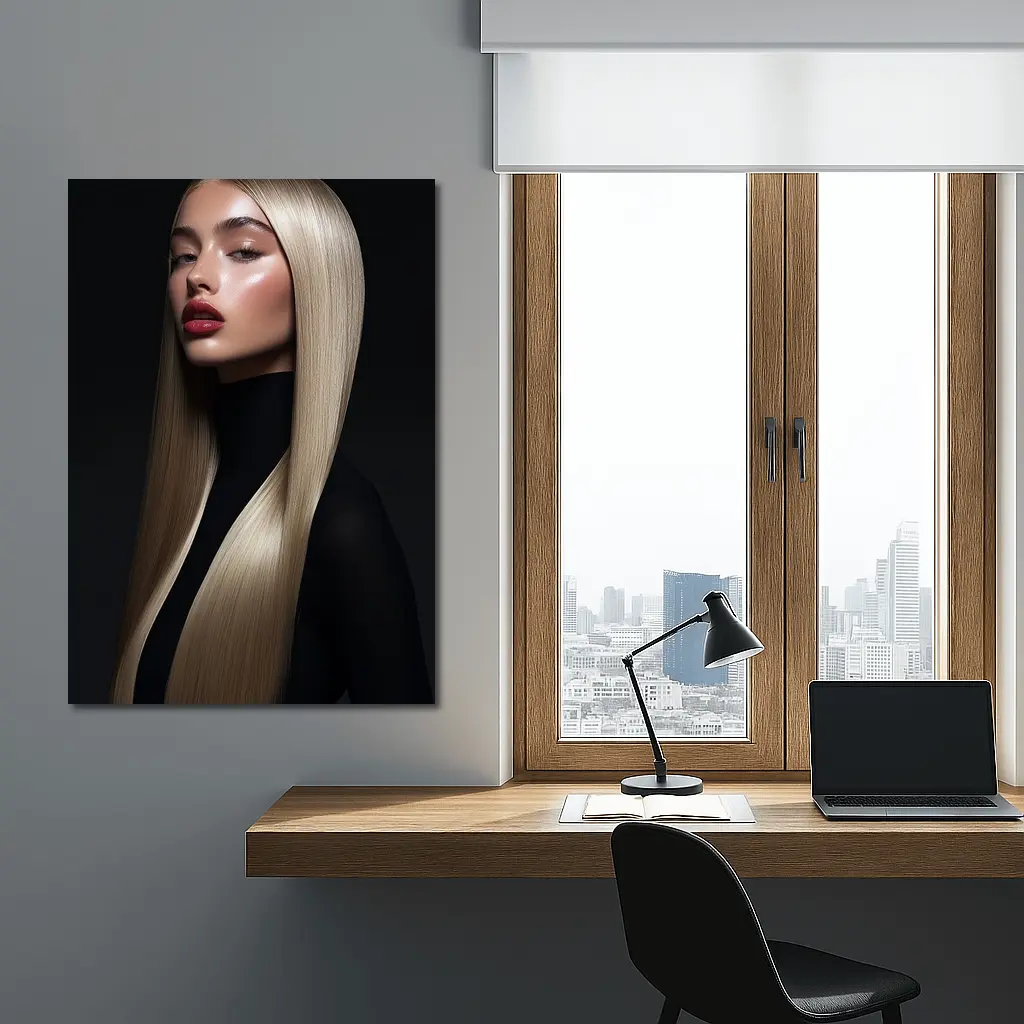 Blonde Woman Red Lips Dark Background Portrait – Wall Art
