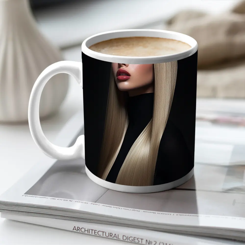 Blonde Woman Red Lips Dark Background Portrait – Mugs