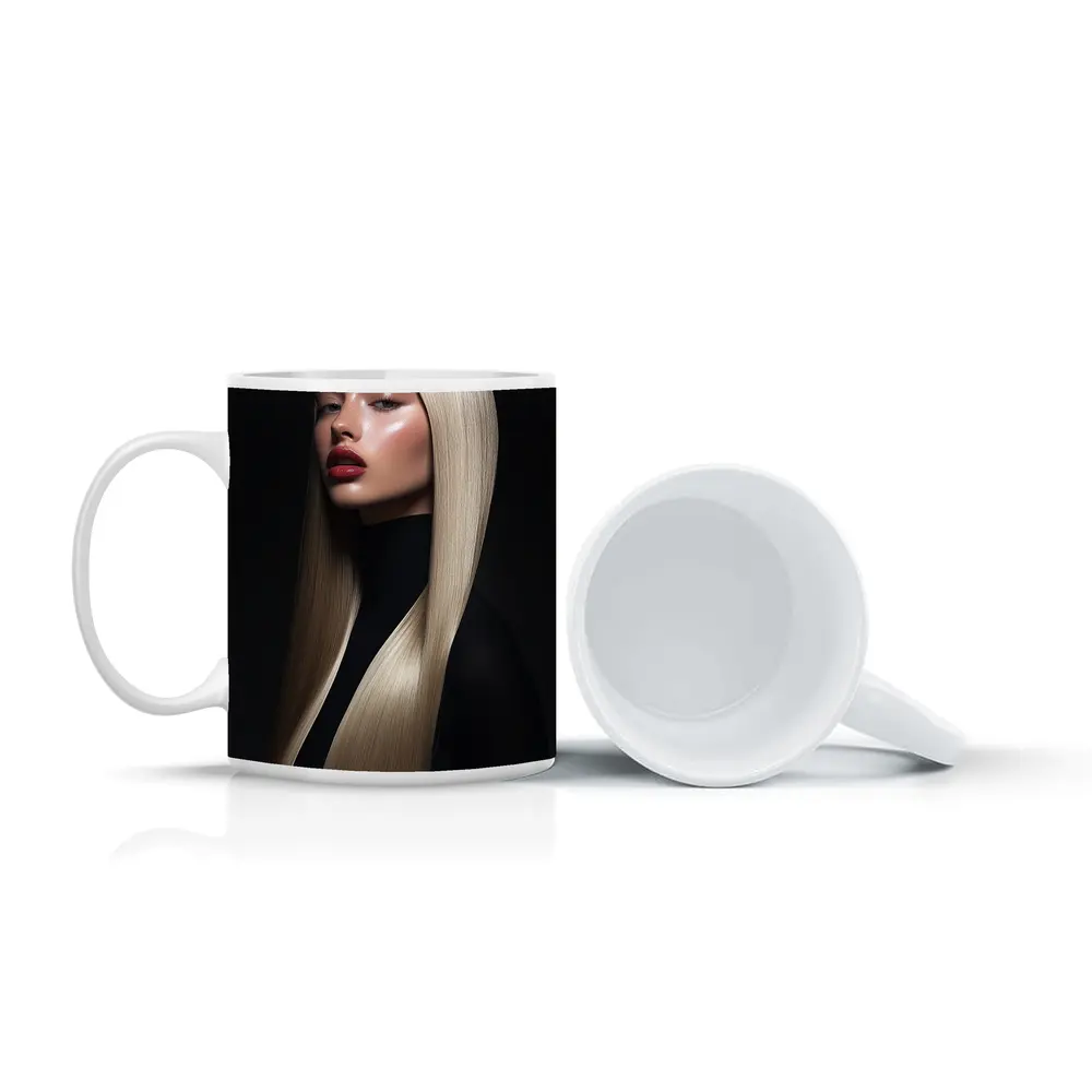 Blonde Woman Red Lips Dark Background Portrait – Mugs