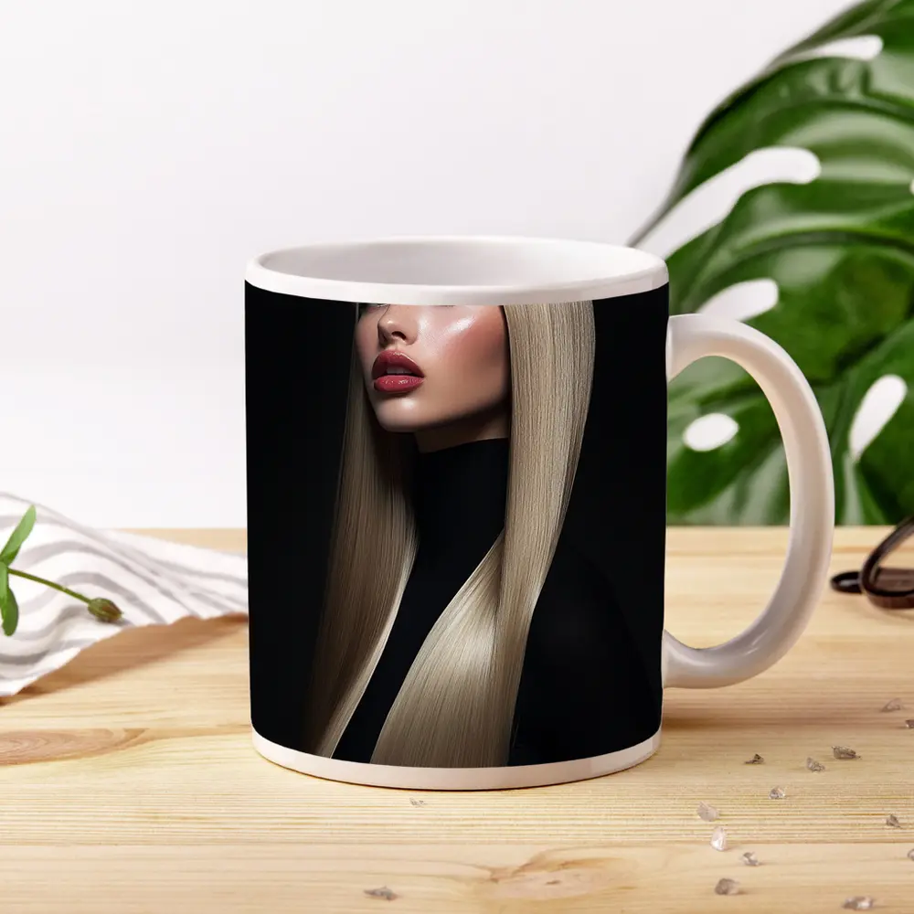 Blonde Woman Red Lips Dark Background Portrait – Mugs