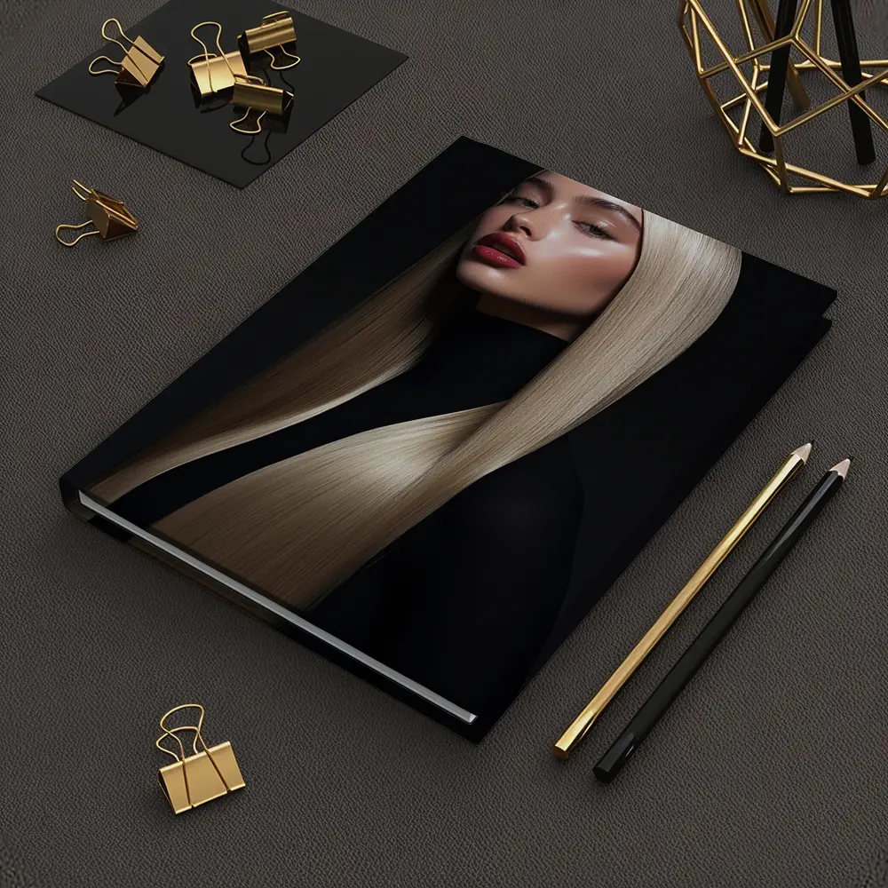 Blonde Woman Red Lips Dark Background Portrait – Notebooks