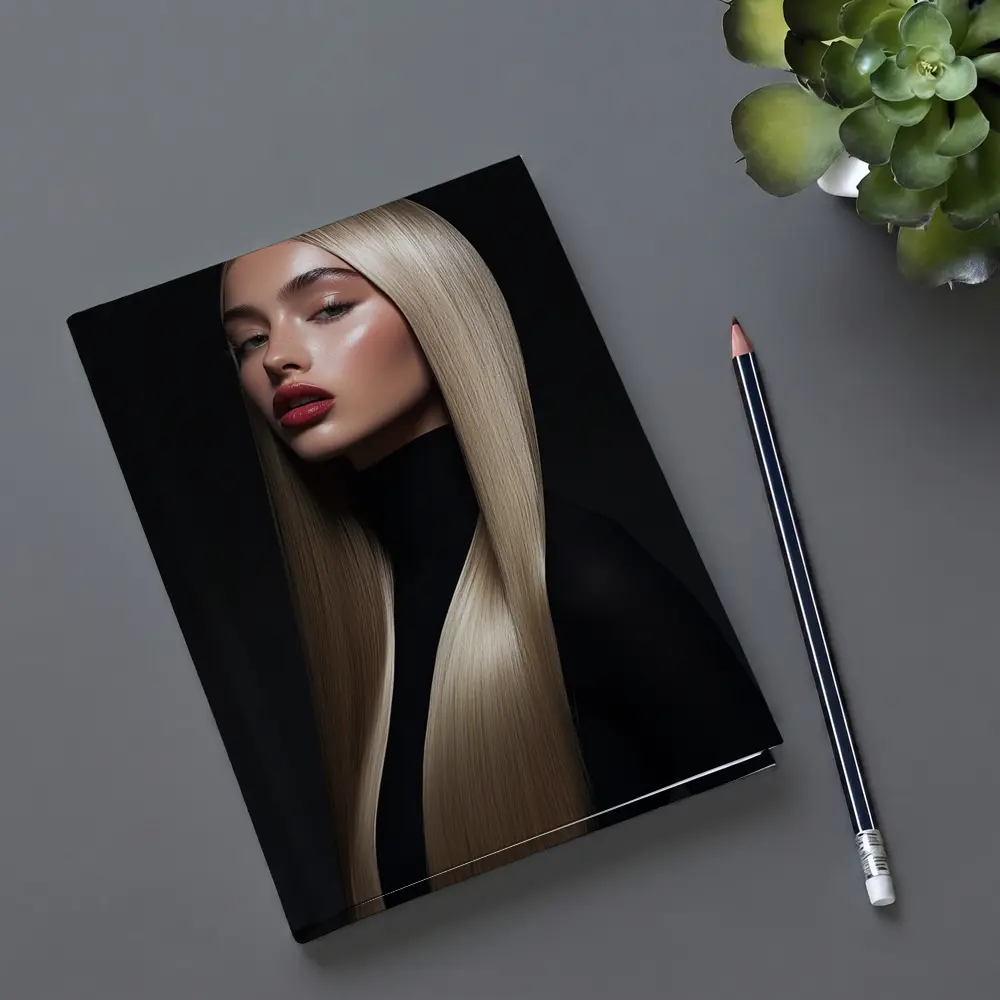 Blonde Woman Red Lips Dark Background Portrait – Notebooks