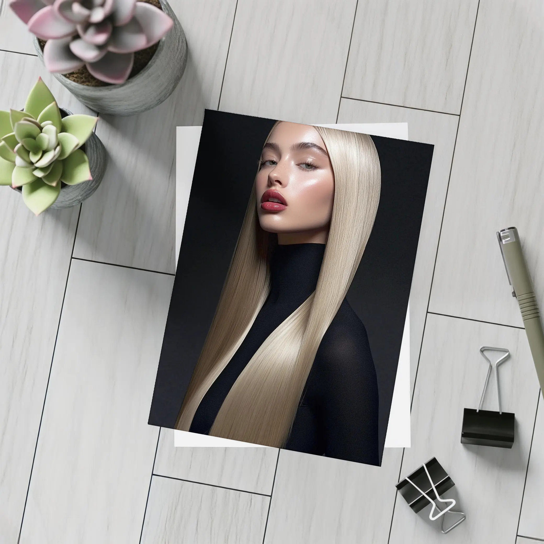 Blonde Woman Red Lips Dark Background Portrait – Postcards