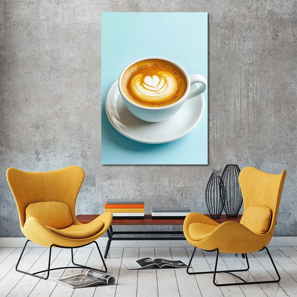 Latte Art Coffee Cup Light Blue Background – Wall Art