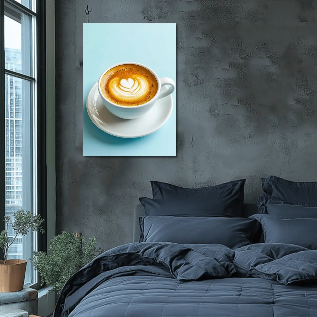 Latte Art Coffee Cup Light Blue Background – Wall Art