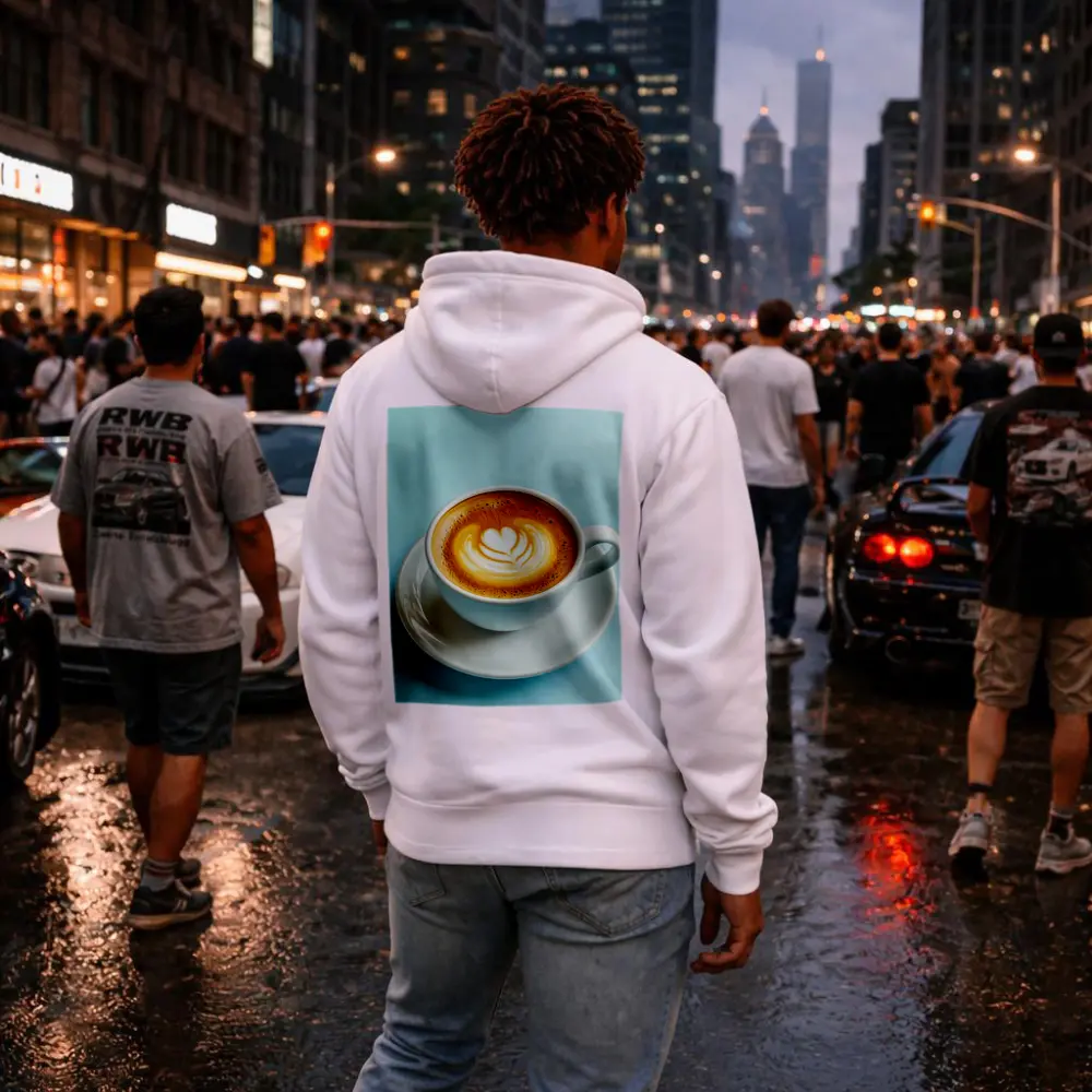 Latte Art Coffee Cup Light Blue Background – Hoodies