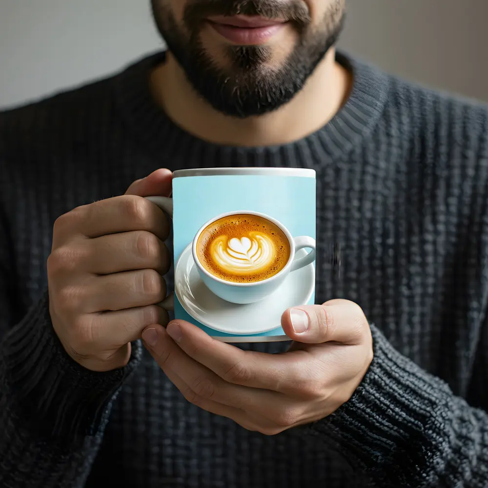Latte Art Coffee Cup Light Blue Background – Mugs