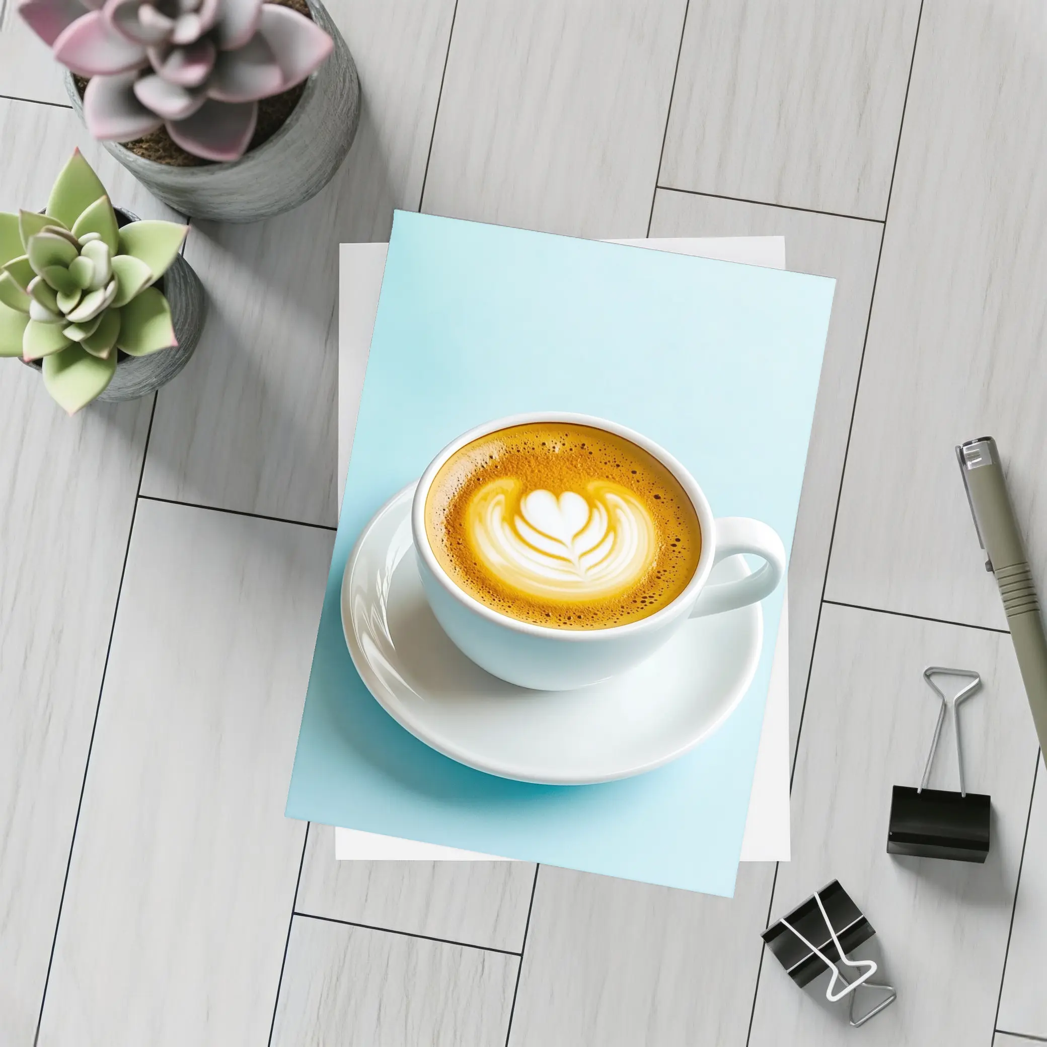 Latte Art Coffee Cup Light Blue Background – Postcards