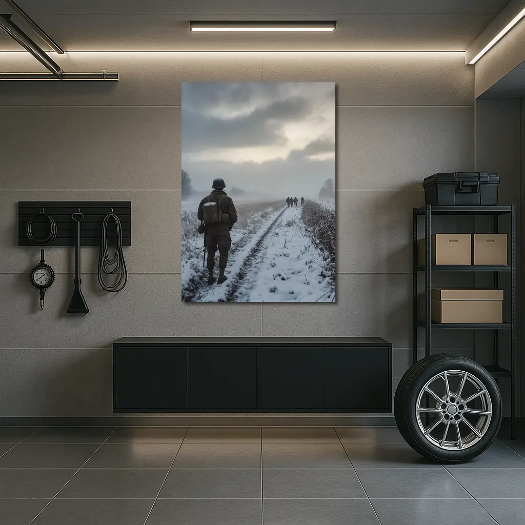 Soldier Walking Snowy Winter Field Path – Wall Art