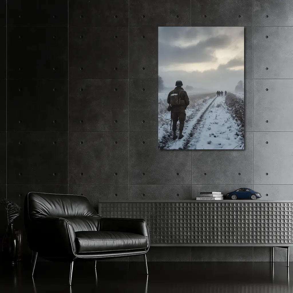Soldier Walking Snowy Winter Field Path – Wall Art
