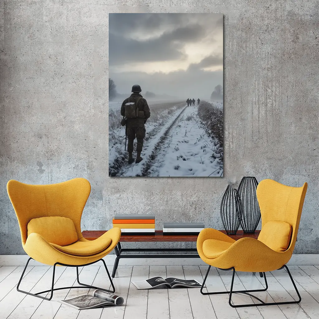 Soldier Walking Snowy Winter Field Path – Wall Art
