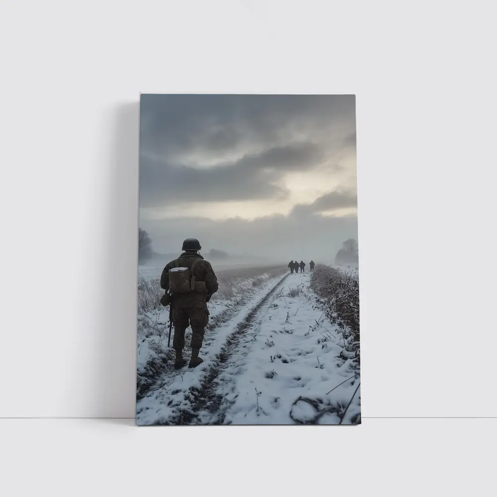 Soldier Walking Snowy Winter Field Path – Wall Art