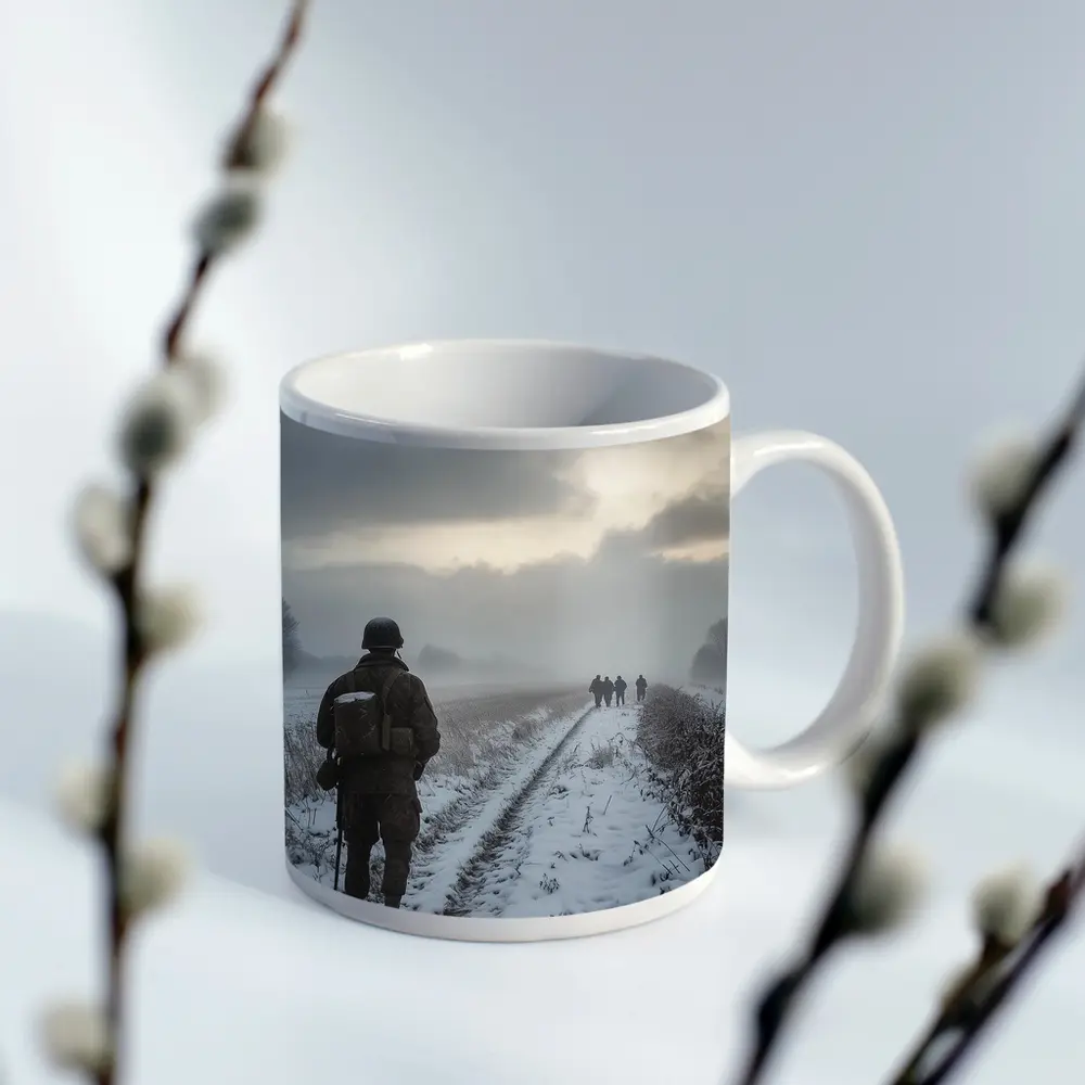 Soldier Walking Snowy Winter Field Path – Mugs