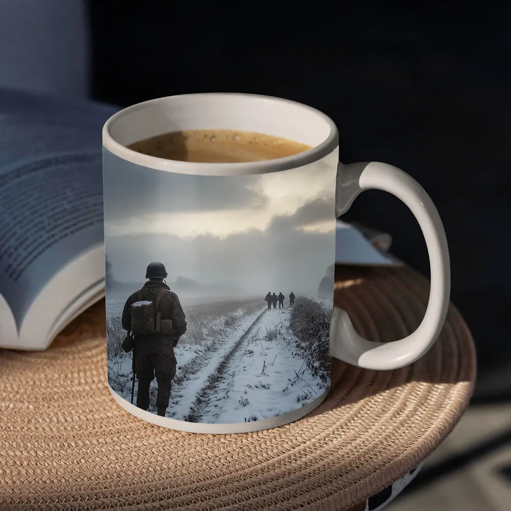 Soldier Walking Snowy Winter Field Path – Mugs