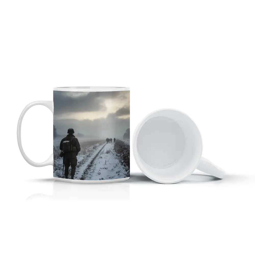 Soldier Walking Snowy Winter Field Path – Mugs