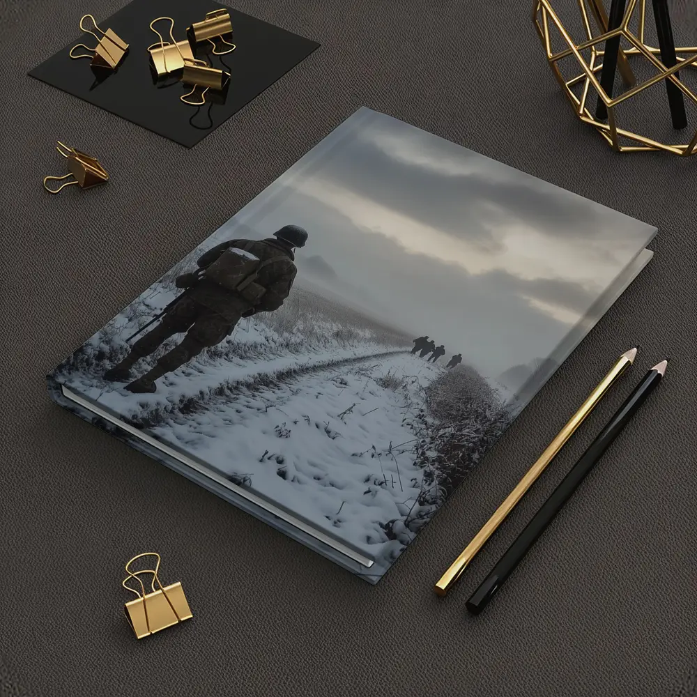 Soldier Walking Snowy Winter Field Path – Notebooks