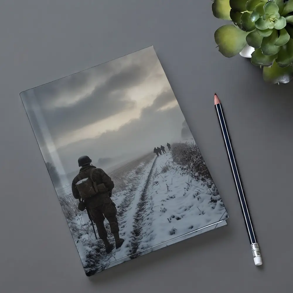 Soldier Walking Snowy Winter Field Path – Notebooks