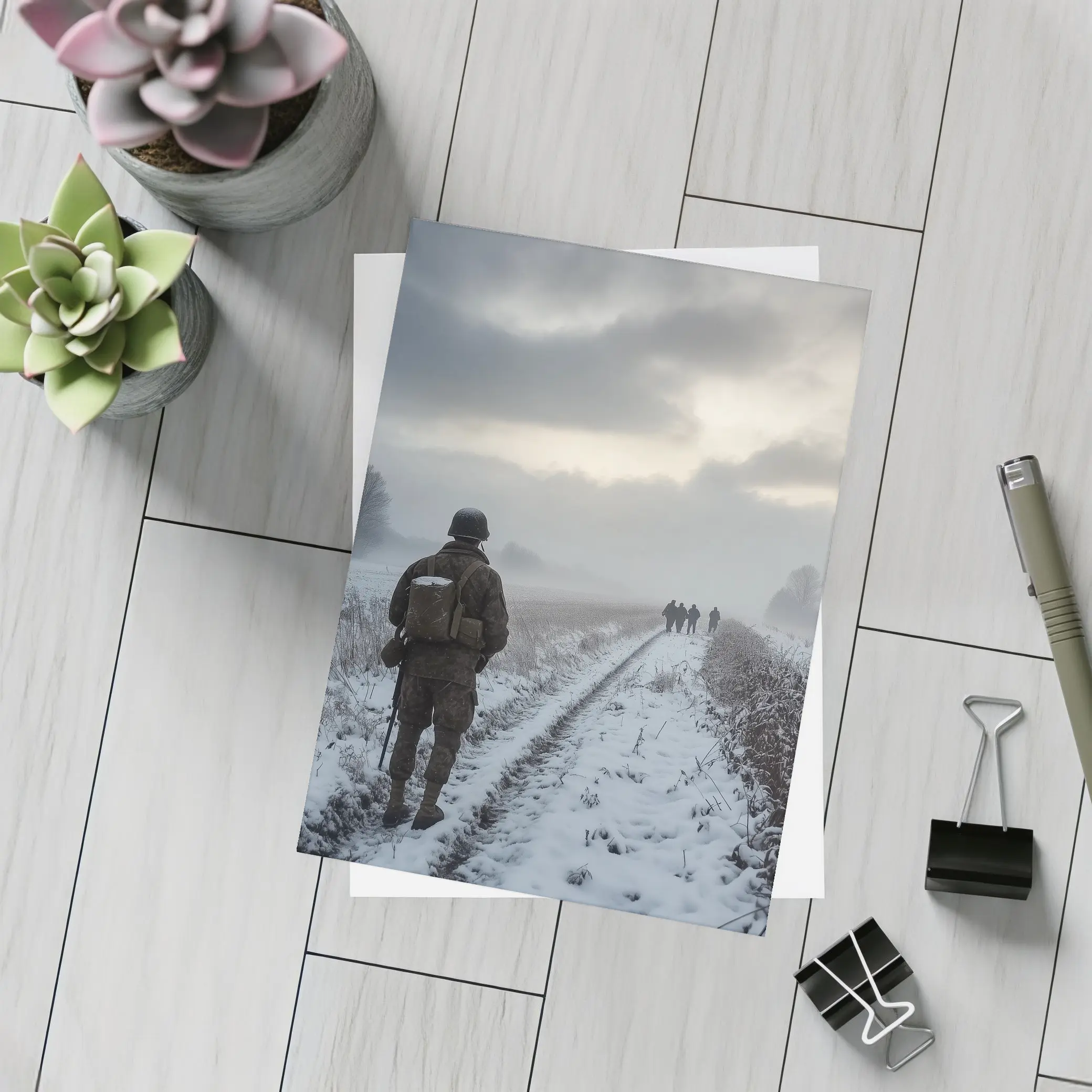 Soldier Walking Snowy Winter Field Path – Postcards