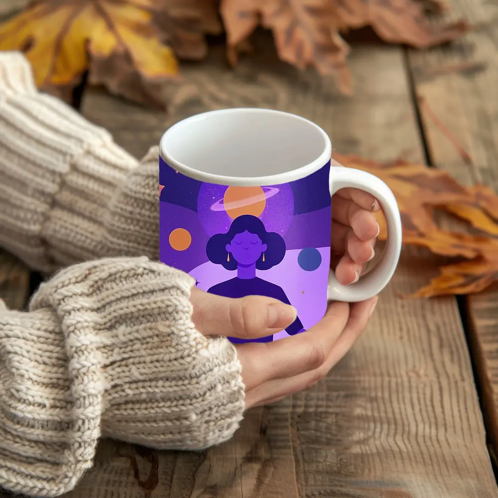 Woman Meditating Lotus Pose Cosmic Space – Mugs