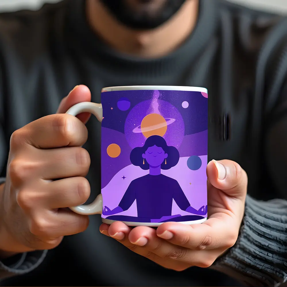Woman Meditating Lotus Pose Cosmic Space – Mugs
