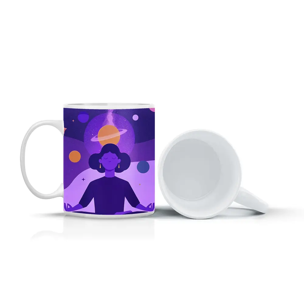 Woman Meditating Lotus Pose Cosmic Space – Mugs