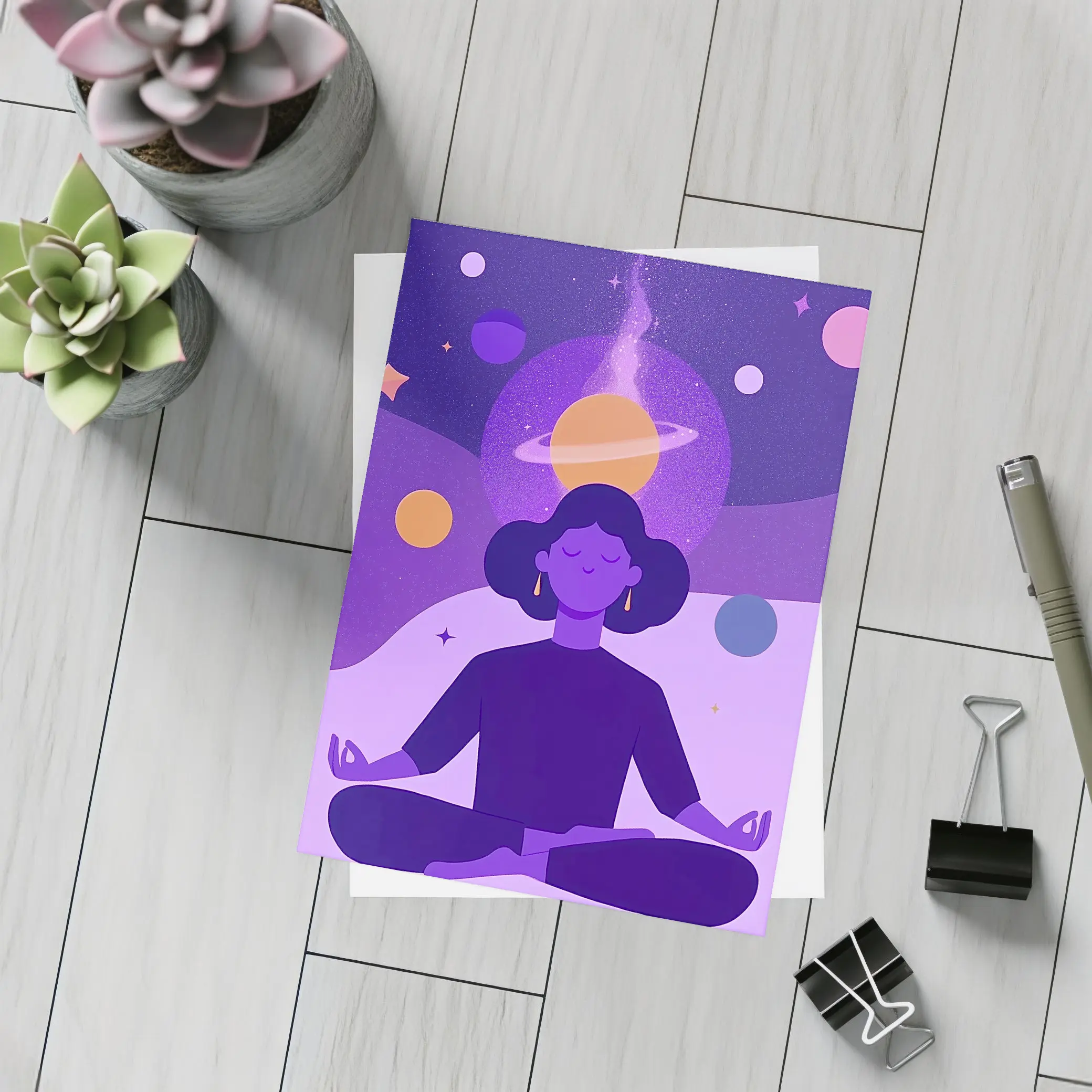 Woman Meditating Lotus Pose Cosmic Space – Postcards