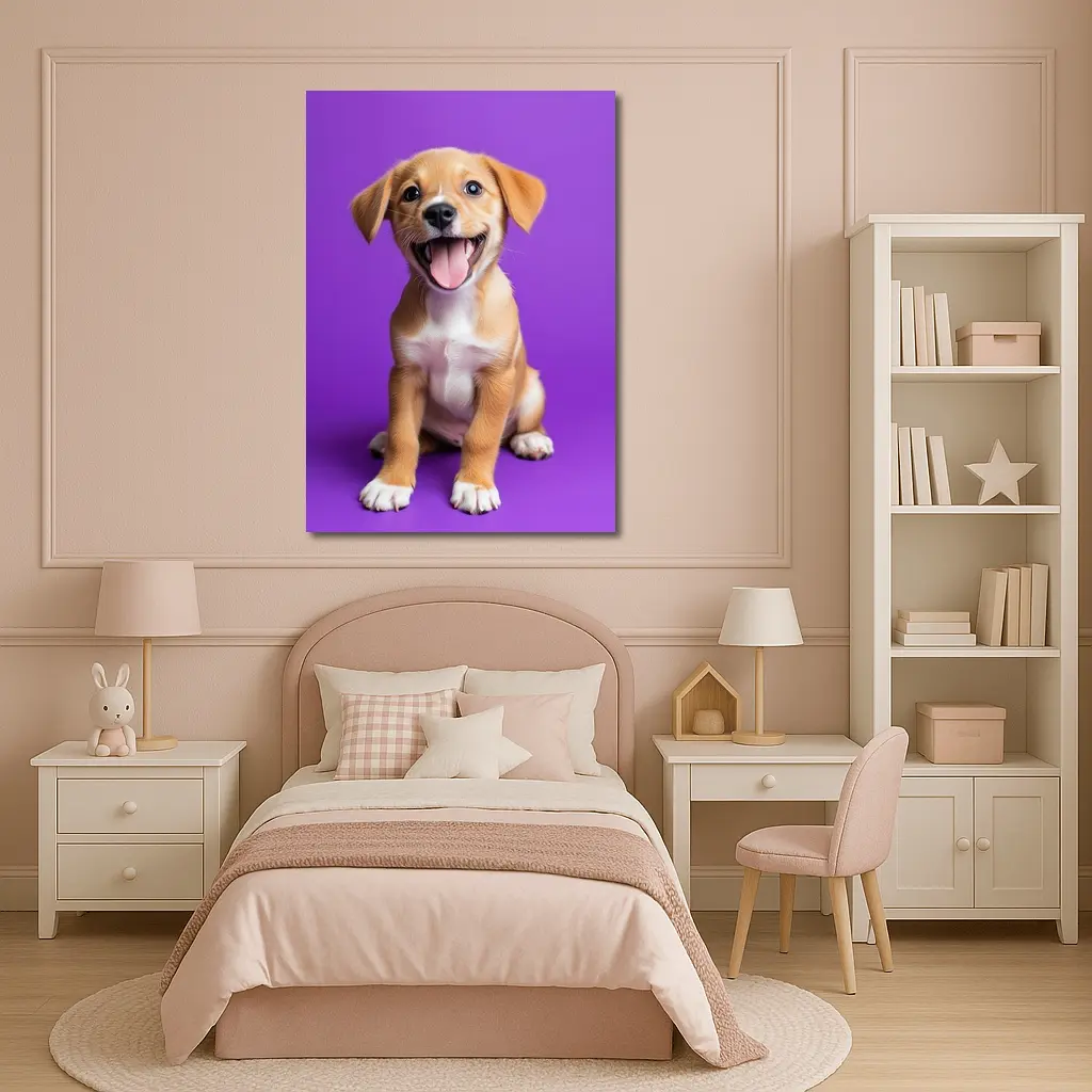 Happy Puppy Dog On Purple Background – Wall Art