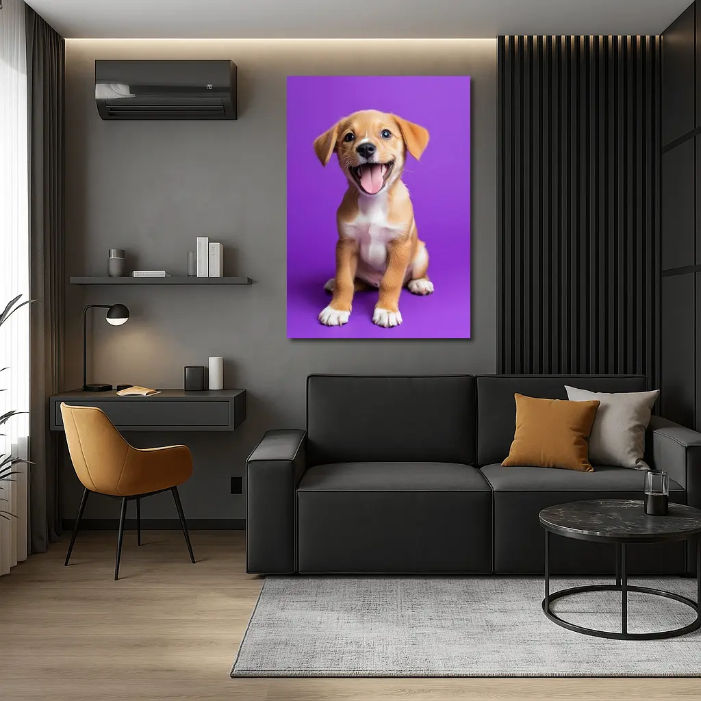 Happy Puppy Dog On Purple Background – Wall Art