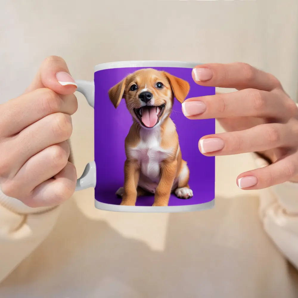 Happy Puppy Dog On Purple Background – Mugs