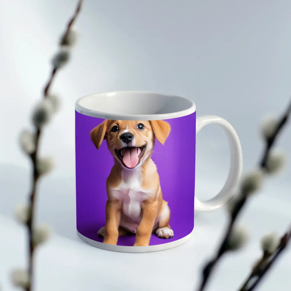 Happy Puppy Dog On Purple Background – Mugs