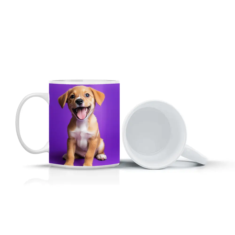 Happy Puppy Dog On Purple Background – Mugs