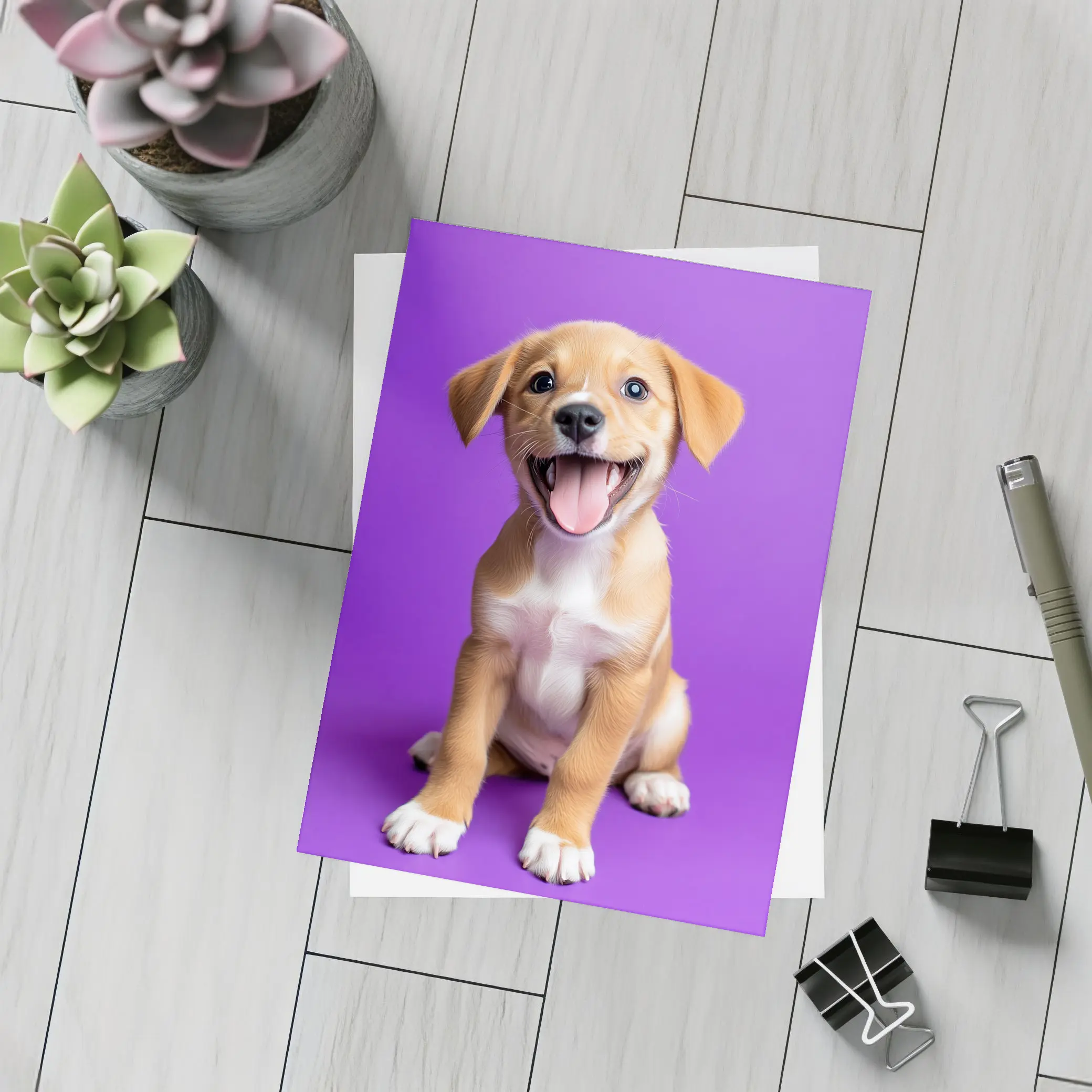 Happy Puppy Dog On Purple Background – Postcards