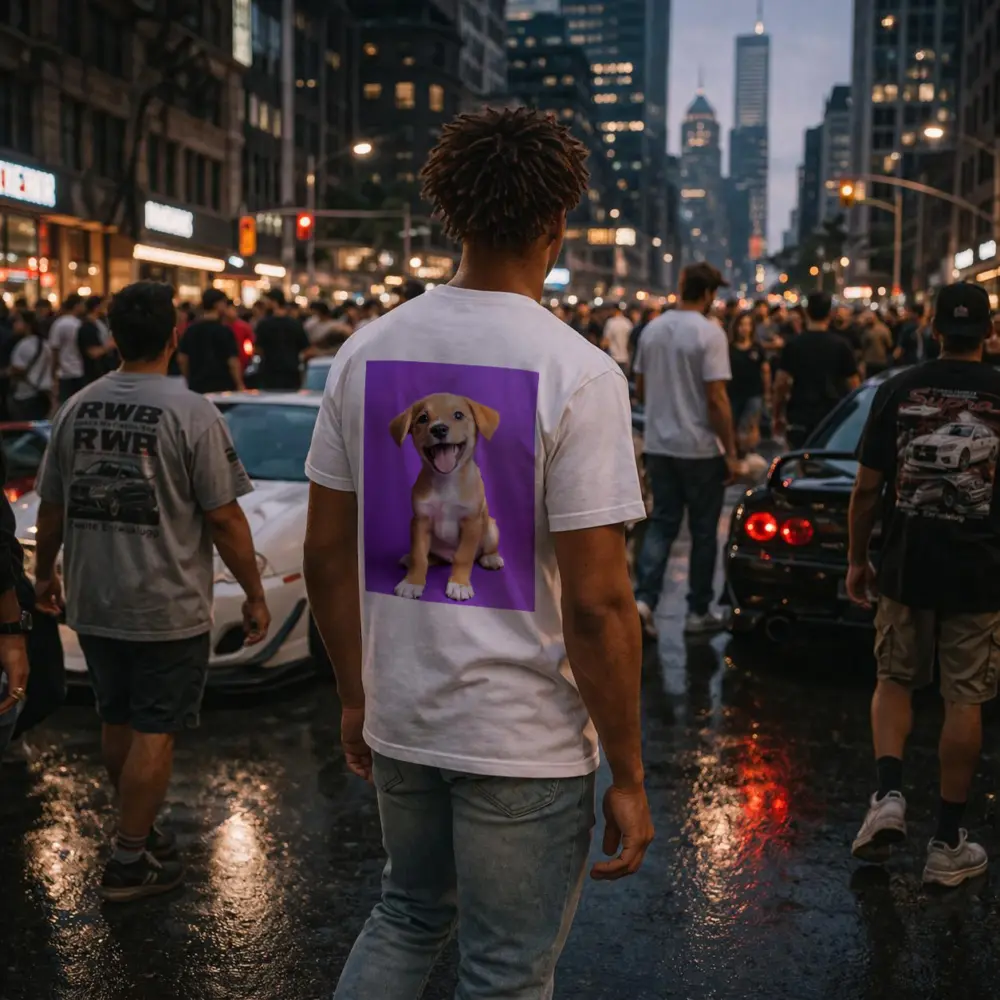 Happy Puppy Dog On Purple Background – T-Shirts