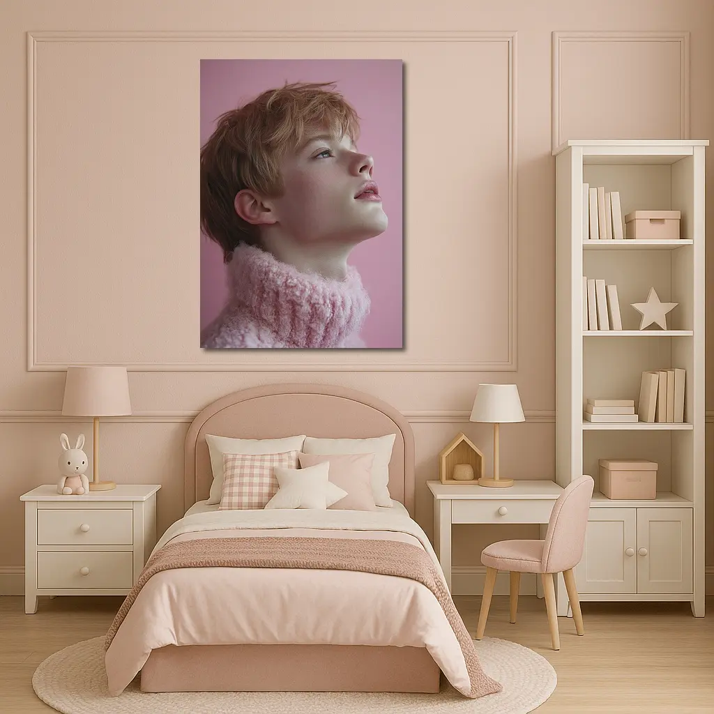 Young Boy Looking Up Pink Background – Wall Art