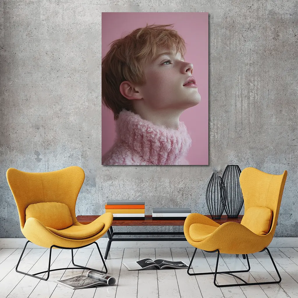 Young Boy Looking Up Pink Background – Wall Art
